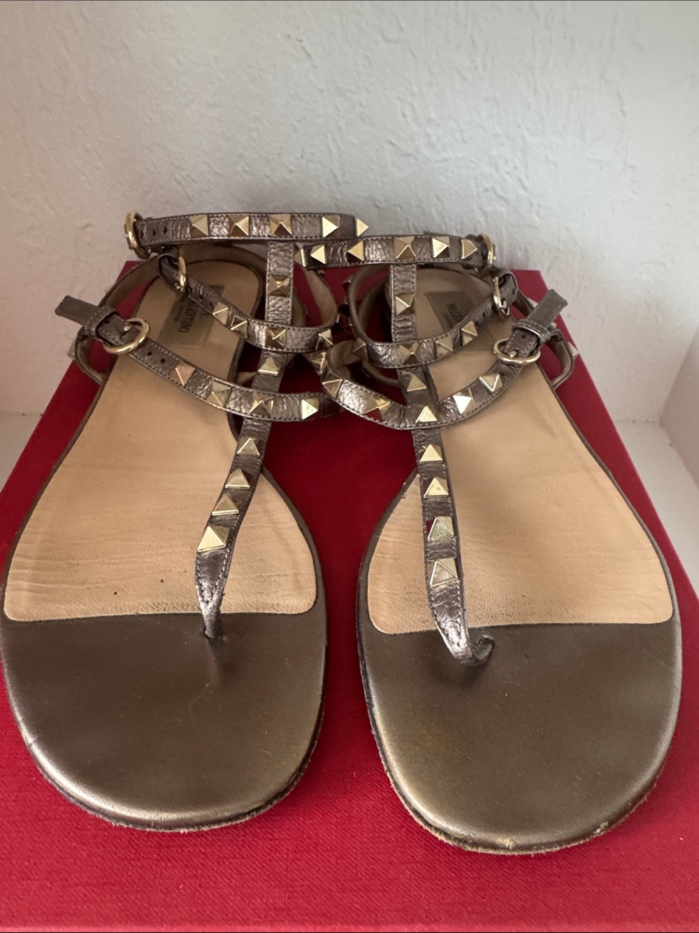 Valentino Metallic Bronze T-Strap Studded Sandals
